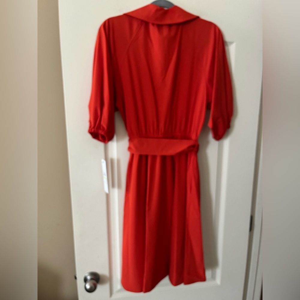 Calvin Klein Vibrant Reddish Orange Midi Dress with Waist Tie Women’s Size 4 - Picture 6 of 16